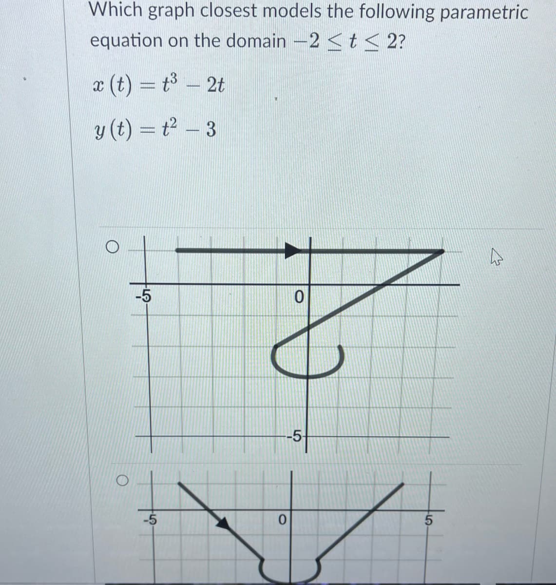 Which graph closest models the following parametric
equation on the domain -2 < t< 2?
x (t) = t3 – 2t
y (t) = t2 – 3
-5
-5-
-5
