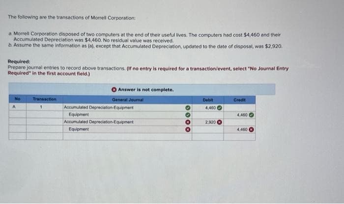 The following are the transactions of Morrell Corporation:
a. Morrell Corporation disposed of two computers at the end of their useful lives. The computers had cost $4,460 and their
Accumulated Depreciation was $4,460. No residual value was received.
b. Assume the same information as (a), except that Accumulated Depreciation, updated to the date of disposal, was $2,920.
Required:
Prepare journal entries to record above transactions. (If no entry is required for a transaction/event, select "No Journal Entry
Required" in the first account field.)
No
A
Transaction
Answer is not complete.
General Journal
Accumulated Depreciation Equipment
Equipment
Accumulated Depreciation-Equipment
Equipment
0000
O
Debit
4,460
2,920 x
Credit
4,460
4,460