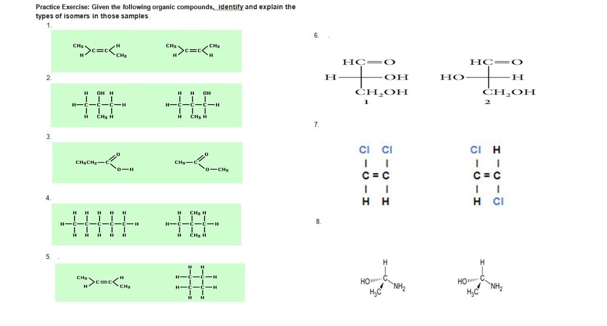 Practice Exercise: Given the following organic compounds, identify and explain the
types of isomers in those samples.
1.
6. .
CH3
CH3
CH3
!!
CHS
НС—О
HC=O
2.
OH
HỌ
H
н он н
нн он
ĊH,OH
ĊH,OH
1
H-C-C -c-H
H-C- C-C-H
i ii
CH3 H
H
CH3 H
H
7.
3.
CI CI
CI H
CHSCH2-C
CH3-C
0-H
0-CHx
C = C
C = C
4.
H H
H CI
H H
H
H
H
CH3 H
H-C-C-c-C-c-H
H-C-C- C-H
8.
H H H
H
CHz H
5.
H
H
%23
HO Ć
`NH2
H;C
HO C.
`NH2
H;C
CH3
H-C- C-H
H-C-C-H
H H
