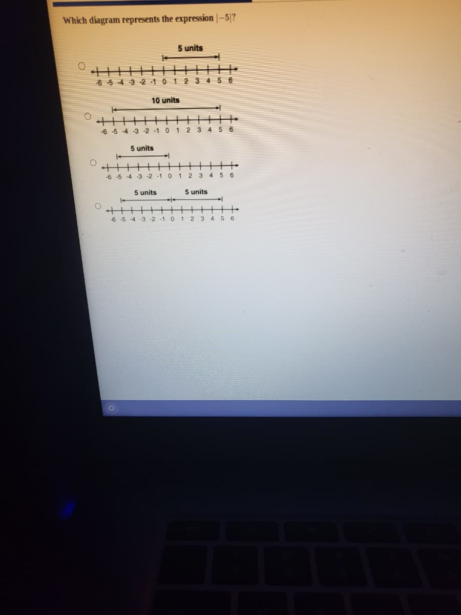 Which diagram represents the expression |–5|?
5 units
十H
-6 -5 4 -3 -2 1 0 1 2 3 4 5 6
10 units
-6 -5 -4 -3-2
-1
3 4
5 6
5 units
-6 -5 -4 -3 -2 -1
012
3 4 5 6
5 units
5 units
1/-
-6 -5 -4 -3-2
-1
2 3
4 5
