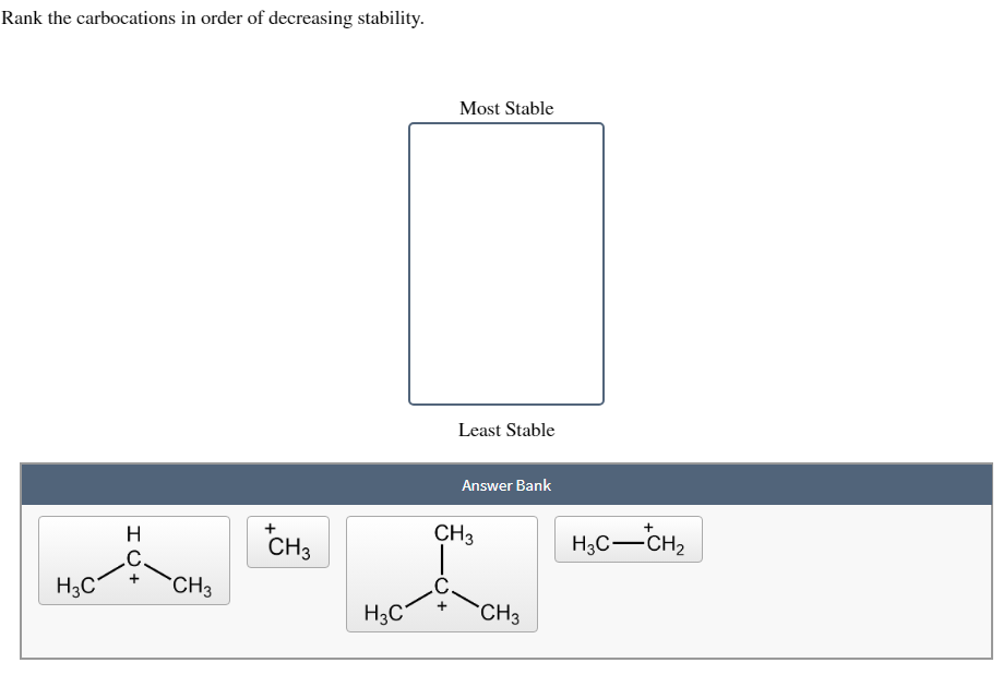 Rank the carbocations in order of decreasing stability.
H3C
Н
HC +
C.
CH3
CH3
H3C
Most Stable
Least Stable
Answer Bank
CH3
CH3
+
H3C-CH₂