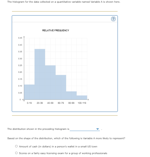 The histogram for the data collected on a quantitative variable named Variable A is shown here.
RELATIVE FREQUENCY
0.45
0.40
0.35
0.30
0.25
0.20
0.15
0.10
0.05
0-19
20-39
40-59
60-79
80-99
100-119
The distribution shown in the preceding histogram is
Based on the shape of the distribution, which of the following is Variable A more likely to represent?
Amount of cash (in dollars) in a person's wallet in a small US town
O scores on a fairly easy licensing exam for a group of working professionals
