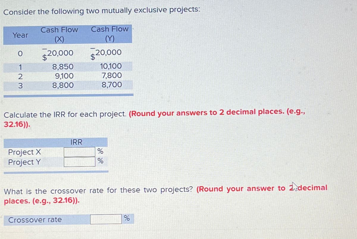 Consider the following two mutually exclusive projects:
Year
Cash Flow
(X)
Cash Flow
(Y)
0
$20,000
$20,000
1
8,850
10,100
23
9,100
7,800
8,800
8,700
Calculate the IRR for each project. (Round your answers to 2 decimal places. (e.g.,
32.16)).
IRR
Project X
Project Y
%
%
What is the crossover rate for these two projects? (Round your answer to 2 decimal
places. (e.g., 32.16)).
Crossover rate
%