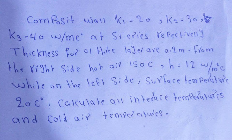 Composit Wall K₁= 20, K₂=30₂
K3=40 w/mc at Steries re Pectivelly
Thickness for at three layer are 0.2m. from
the right Side hot air 150 C , h = 12 w/mc
while on the left Side, Surface temperature
20 c°. Calculate all interace temperatures
and Cold air temperatures-