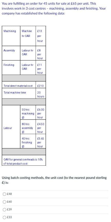 You are fulfilling an order for 45 units for sale at £65 per unit. This
involves work in 3 cost centres - machining, assembly and finishing. Your
company has established the following data:
Machining
Machine
£13
hr OAR
per
hour
Assembly
Labour hr
£8
OAR
per
hour
Finishing
Labour hr
£11
OAR
per
hour
Total direct material cost £210
Total machine time
20
hours
50 hrs
£6.00
machining per
hour
80 hrs
£4.50
Labour
assembly
per
hour
40 hrs
£5.65
finishing
per
hour
OAR for general overheads is 10%
of total product co st
Using batch costing methods, the unit cost (to the nearest pound sterling
£) is:
£48
£60
£39
£33
