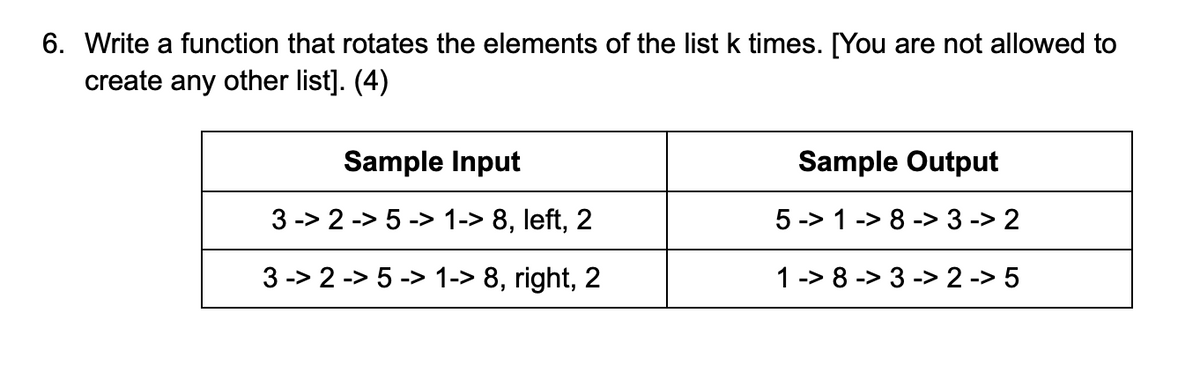 6. Write a function that rotates the elements of the list k times. [You are not allowed to
create any other list]. (4)
Sample Input
Sample Output
3 -> 2 -> 5 -> 1-> 8, left, 2
5 -> 1 -> 8 -> 3 -> 2
3 -> 2 -> 5 -> 1-> 8, right, 2
1 -> 8 -> 3 -> 2 -> 5
