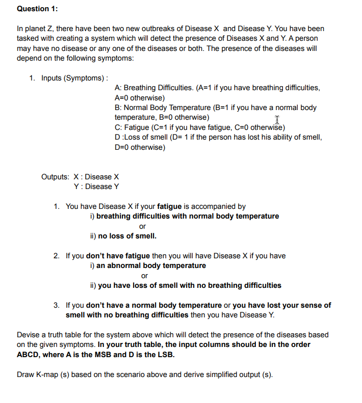 Question 1:
In planet Z, there have been two new outbreaks of Disease X and Disease Y. You have been
tasked with creating a system which will detect the presence of Diseases X and Y. A person
may have no disease or any one of the diseases or both. The presence of the diseases will
depend on the following symptoms:
1. Inputs (Symptoms) :
A: Breathing Difficulties. (A=1 if you have breathing difficulties,
A=0 otherwise)
B: Normal Body Temperature (B=1 if you have a normal body
temperature, B=0 otherwise)
C: Fatigue (C=1 if you have fatigue, C=0 otherwise)
D:Loss of smell (D= 1 if the person has lost his ability of smell,
D=0 otherwise)
Outputs: X: Disease X
Y: Disease Y
1. You have Disease X if your fatigue is accompanied by
i) breathing difficulties with normal body temperature
or
ii) no loss of smell.
2. If you don't have fatigue then you will have Disease X if you have
i) an abnormal body temperature
or
ii) you have loss of smell with no breathing difficulties
3. If you don't have a normal body temperature or you have lost your sense of
smell with no breathing difficulties then you have Disease Y.
Devise a truth table for the system above which will detect the presence of the diseases based
on the given symptoms. In your truth table, the input columns should be in the order
ABCD, where A is the MSB and D is the LSB.
Draw K-map (s) based on the scenario above and derive simplified output (s).
