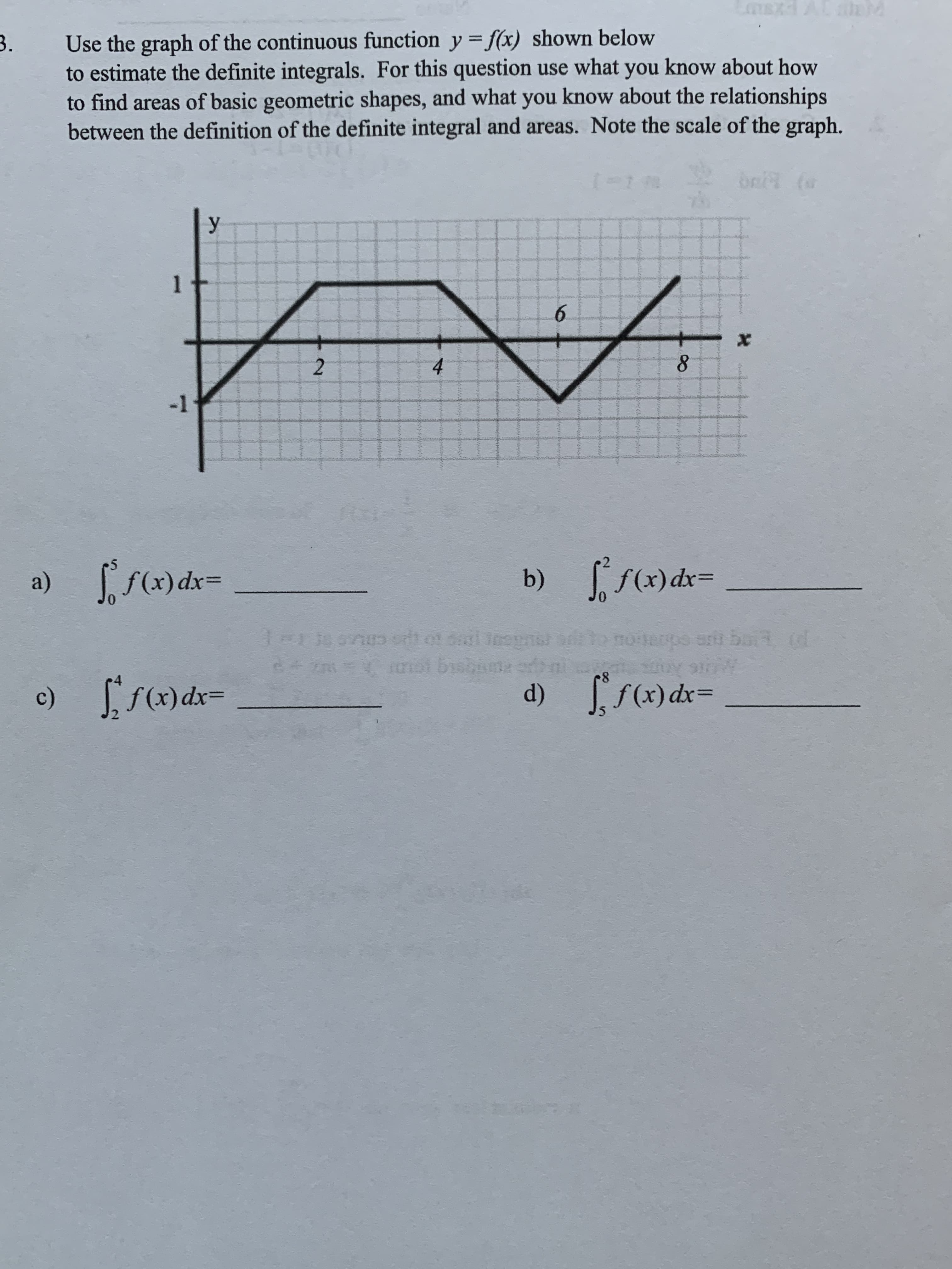 Use the graph of the continuous function y = f(x) shown below
to estimate the definite integrals. For this question use what you know about how
to find areas of basic geometric shapes, and what you know about the relationships
between the definition of the definite integral and areas. Note the scale of the graph.
3.
brit (a
1
6.
4.
-1
f(x) dx=
|f(x) dx=
byshn
d) s(x) dx=
4
8-
f(x) dx=
8.
