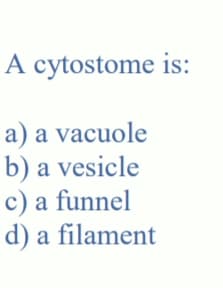 A cytostome is:
a) a vacuole
b) a vesicle
c) a funnel
d) a filament
