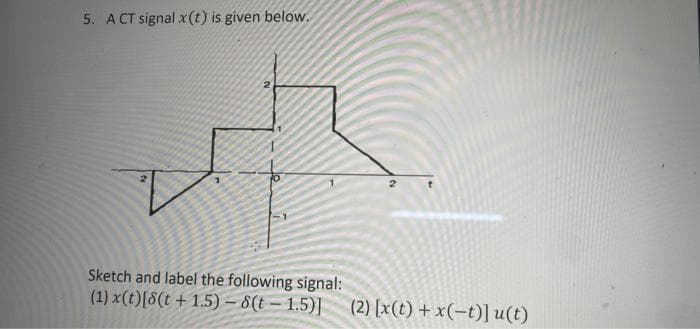 5. A CT signal x(t) is given below.
Sketch and label the following signal:
(1) x(t)[8(t + 1.5) – 8(t – 1.5)]
(2) [x(t) + x(-t)] u(t)
