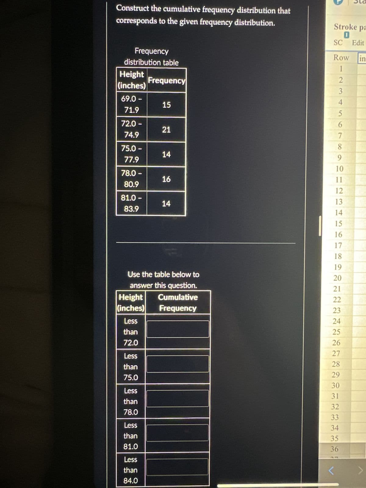 Construct the cumulative frequency distribution that
corresponds to the given frequency distribution.
Frequency
distribution table
Height
(inches)
69.0-
71.9
72.0 -
74.9
75.0 -
77.9
-
78.0 -
80.9
81.0 -
83.9
Less
than
72.0
Less
than
75.0
Less
than
78.0
Less
than
81.0
Frequency
Less
than
84.0
15
Use the table below to
answer this question.
Height Cumulative
(inches)
Frequency
21
14
16
14
Stroke pa
SC Edit
Row
1
2
4
5
6
7
8
9
10
11
12
13
14
15
16
17
18
19
20
21
22
23
24
25
26
27
28
29
30
31
32
33
34
35
36
in
< >