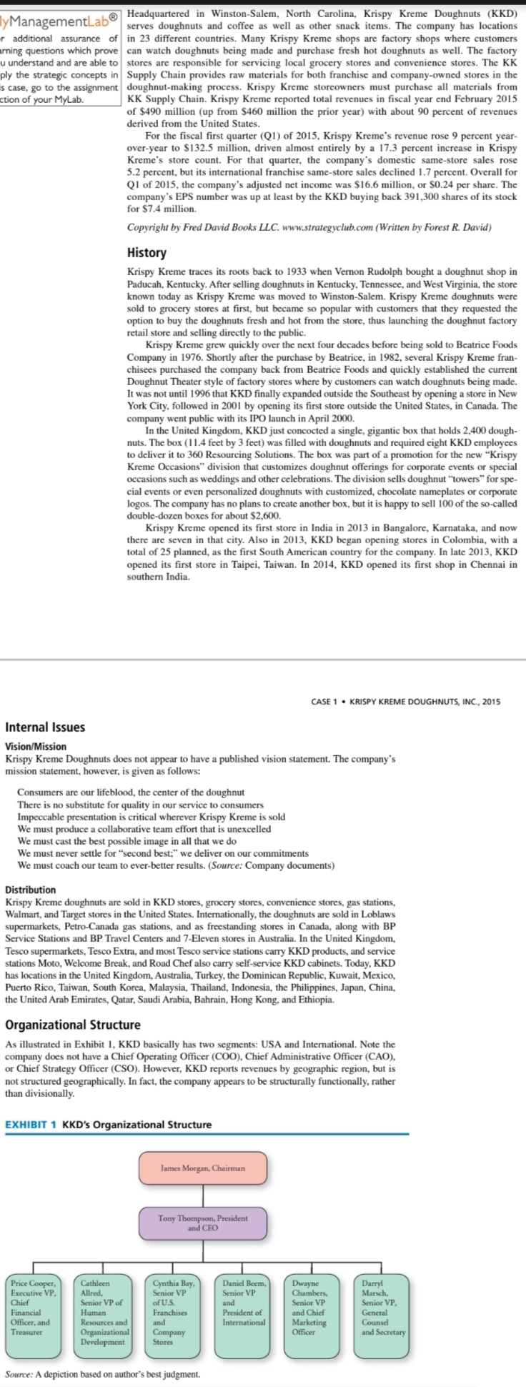 Headquartered in Winston-Salem, North Carolina, Krispy Kreme Doughnuts (KKD)
serves doughnuts and coffee as well as other snack items. The company has locations
r additional assurance of in 23 different countries. Many Krispy Kreme shops are factory shops where customers
arning questions which prove can watch doughnuts being made and purchase fresh hot doughnuts as well. The factory
u understand and are able to stores are responsible for servicing local grocery stores and convenience stores. The KK
ply the strategic concepts in Supply Chain provides raw materials for both franchise and company-owned stores in the
is case, go to the assignment doughnut-making process. Krispy Kreme storeowners must purchase all materials from
KK Supply Chain. Krispy Kreme reported total revenues in fiscal year end February 2015
of $490 million (up from $460 million the prior year) with about 90 percent of revenues
TyManagementLab®
ction of your MyLab.
derived from the United States.
For the fiscal first quarter (Q1) of 2015, Krispy Kreme's revenue rose
percent year-
over-year to $132.5 million, driven almost entirely by a 17.3 percent increase in Krispy
Kreme's store count. For that quarter, the company's domestic same-store sales rose
5.2 percent, but its international franchise same-store sales declined 1.7 percent. Overall for
Q1 of 2015, the company's adjusted net income was $16.6 million, or $0.24 per share. The
company's EPS number was up at least by the KKD buying back 391,300 shares of its stock
for $7.4 million.
Copyright by Fred David Books LLC. www.strategyclub.com (Written by Forest R. David)
History
Krispy Kreme traces its roots back to 1933 when Vernon Rudolph bought a doughnut shop in
Paducah, Kentucky. After selling doughnuts in Kentucky, Tennessee, and West Virginia, the store
known today as Krispy Kreme was moved to Winston-Salem. Krispy Kreme doughnuts were
sold to grocery stores at first, but became so popular with customers that they requested the
option to buy the doughnuts fresh and hot from the store, thus launching the doughnut factory
retail store and selling directly to the public.
Krispy Kreme grew quickly over the next four decades before being sold to Beatrice Foods
Company in 1976. Shortly after the purchase by Beatrice, in 1982, several Krispy Kreme fran-
chisees purchased the company back from Beatrice Foods and quickly established the current
Doughnut Theater style of factory stores where by customers can watch doughnuts being made.
It was not until 1996 that KKD finally expanded outside the Southeast by opening a store in New
York City, followed in 2001 by opening its first store outside the United States, in Canada. The
company went public with its IPO launch in April 2000.
In the United Kingdom, KKD just concocted a single, gigantic box that holds 2,400 dough-
nuts. The box (11.4 feet by 3 feet) was filled with doughnuts and required eight KKD employces
to deliver it to 360 Resourcing Solutions. The box was part of a promotion for the new “Krispy
Kreme Occasions" division that customizes doughnut offerings for corporate events or special
occasions such as weddings and other celebrations. The division sells doughnut “towers" fors
spe-
cial events or even personalized doughnuts with customized, chocolate nameplates or corporate
logos. The company has no plans to create another box, but it is happy to sell 100 of the so-called
double-dozen boxes for about $2,600.
Krispy Kreme opened its first store in India in 2013 in Bangalore, Karnataka, and now
there are seven in that city. Also in 2013, KKD began opening stores in Colombia, with a
total of 25 planned, as the first South American country for the company. In late 2013, KKD
opened its first store in Taipei, Taiwan. In 2014, KKD opened its first shop in Chennai in
southern India.
CASE 1• KRISPY KREME DOUGHNUTS, INC., 2015
Internal Issues
Vision/Mission
Krispy Kreme Doughnuts does not appear to have a published vision statement. The company's
mission statement, however, is given as follows:
Consumers are our lifeblood, the center of the doughnut
There is no substitute for quality in our service to consumers
Impeccable presentation is critical wherever Krispy Kreme is sold
We must produce a collaborative team effort that is unexcelled
We must cast the best possible image in all that we do
We must never settle for "second best;" we deliver on our commitments
We must coach our team to ever-better results. (Source: Company documents)
Distribution
Krispy Kreme doughnuts are sold in KKD stores, grocery stores, convenience stores, gas stations,
Walmart, and Target stores in the United States. Internationally, the doughnuts are sold in Loblaws
supermarkets, Petro-Canada gas stations, and as freestanding stores in Canada, along with BP
Service Stations and BP Travel Centers and 7-Eleven stores in Australia. In the United Kingdom,
Tesco supermarkets, Tesco Extra, and most Tesco service stations carry KKD products, and service
stations Moto, Welcome Break, and Road Chef also carry self-service KKD cabinets. Today, KKD
has locations in the United Kingdom, Australia, Turkey, the Dominican Republic, Kuwait, Mexico,
Puerto Rico, Taiwan, South Korea, Malaysia, Thailand, Indonesia, the Philippines, Japan, China,
the United Arab Emirates, Qatar, Saudi Arabia, Bahrain, Hong Kong, and Ethiopia.
Organizational Structure
As illustrated in Exhibit 1, KKD basically has two segments: USA and International. Note the
company does not have a Chief Operating Officer (COO), Chief Administrative Officer (CAO),
or Chief Strategy Officer (CSO). However, KKD reports revenues by geographic region, but is
not structured geographically. In fact, the company appears to be structurally functionally, rather
than divisionally.
EXHIBIT 1 KKD's Organizational Structure
James Morgan, Chairman
Tony Thompson, President
and CEO
自自首自
Price Cooper,
Executive VP
Cathleen
Allred,
Senior VP of
Cynthia Bay,
Senior VP
Daniel Beem,
Senior VP
Dwayne
Chambers,
Darryl
Marsch,
Senior VP,
General
Chief
of U.S.
and
Senior VP
Financial
Human
Franchises
President of
and Chief
Officer, and
Treasurer
Resources and
and
International
Marketing
Officer
Counsel
Organizational
Development
Company
and Secretary
Stores
Source: A depiction based on author's best judgment.

