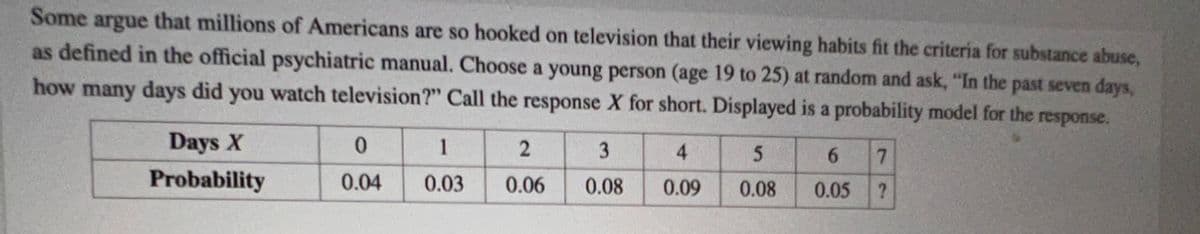 Some argue that millions of Americans are so hooked on television that their viewing habits fit the criteria for substance abuse,
as defined in the official psychiatric manual. Choose a young person (age 19 to 25) at random and ask, "In the past seven days,
how many days did you watch television?" Call the response X for short. Displayed is a probability model for the response.
Days X
Probability
0
0.04
1
0.03
2
0.06
3
0.08
4
0.09
5
6
7
0.08 0.05 ?