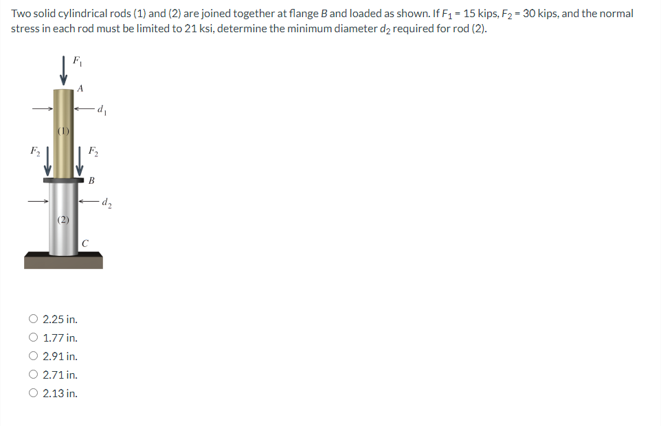 Two solid cylindrical rods (1) and (2) are joined together at flange B and loaded as shown. If F₁ = 15 kips, F₂ = 30 kips, and the normal
stress in each rod must be limited to 21 ksi, determine the minimum diameter d₂ required for rod (2).
F₁
F₂
(2)
d₁
F₂
B
←d₂
C
2.25 in.
1.77 in.
O 2.91 in.
O 2.71 in.
O 2.13 in.