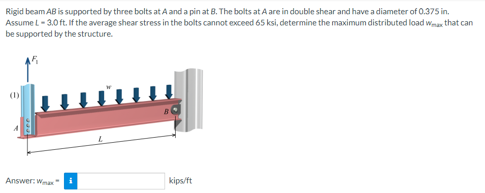 Rigid beam AB is supported by three bolts at A and a pin at B. The bolts at A are in double shear and have a diameter of 0.375 in.
Assume L = 3.0 ft. If the average shear stress in the bolts cannot exceed 65 ksi, determine the maximum distributed load wmax that can
be supported by the structure.
F₁
W
kips/ft
(1)
Answer: Wmax
=
i
L