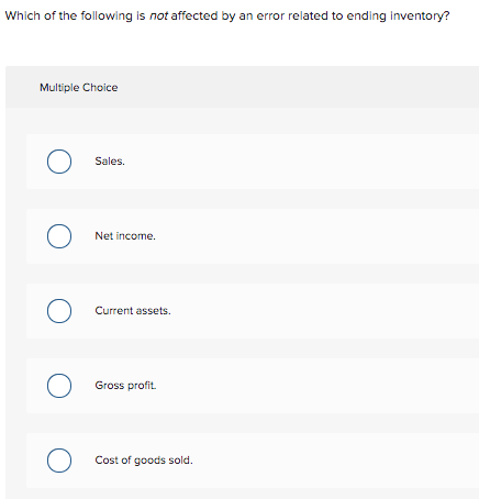 ### Understanding the Impact of Ending Inventory Errors

**Question:**
Which of the following is *not* affected by an error related to ending inventory?

#### Answer Choices:
- Sales
- Net Income
- Current Assets
- Gross Profit
- Cost of Goods Sold

### Explanation:

Ending inventory errors can impact several key financial metrics, but not all aspects of financial statements are affected. The provided options examine key areas:

1. **Sales:** Sales revenue measures the total income generated from goods sold or services provided. It is recorded based on transaction records and is not directly influenced by the ending inventory value.

2. **Net Income:** An error in ending inventory affects the cost of goods sold, which subsequently affects the net income. 

3. **Current Assets:** Inventory is classified under current assets on the balance sheet. An error in ending inventory valuation directly impacts the value of current assets.

4. **Gross Profit:** Gross profit is calculated as sales revenue minus the cost of goods sold (COGS). Since ending inventory errors affect COGS, they also influence gross profit.

5. **Cost of Goods Sold:** COGS is computed by adding beginning inventory and purchases during the period, then subtracting ending inventory. An error in ending inventory directly impacts the COGS calculation.

Correct Answer: **Sales**

Sales are not affected by errors related to ending inventory.