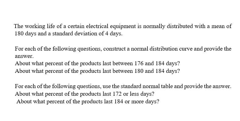 The working life of a certain electrical equipment is normally distributed with a mean of
180 days and a standard deviation of 4 days.
For each of the following questions, construct a normal distribution curve and provide the
answer.
About what percent of the products last between 176 and 184 days?
About what percent of the products last between 180 and 184 days?
For each of the following questions, use the standard normal table and provide the answer.
About what percent of the products last 172 or less days?
About what percent of the products last 184 or more days?