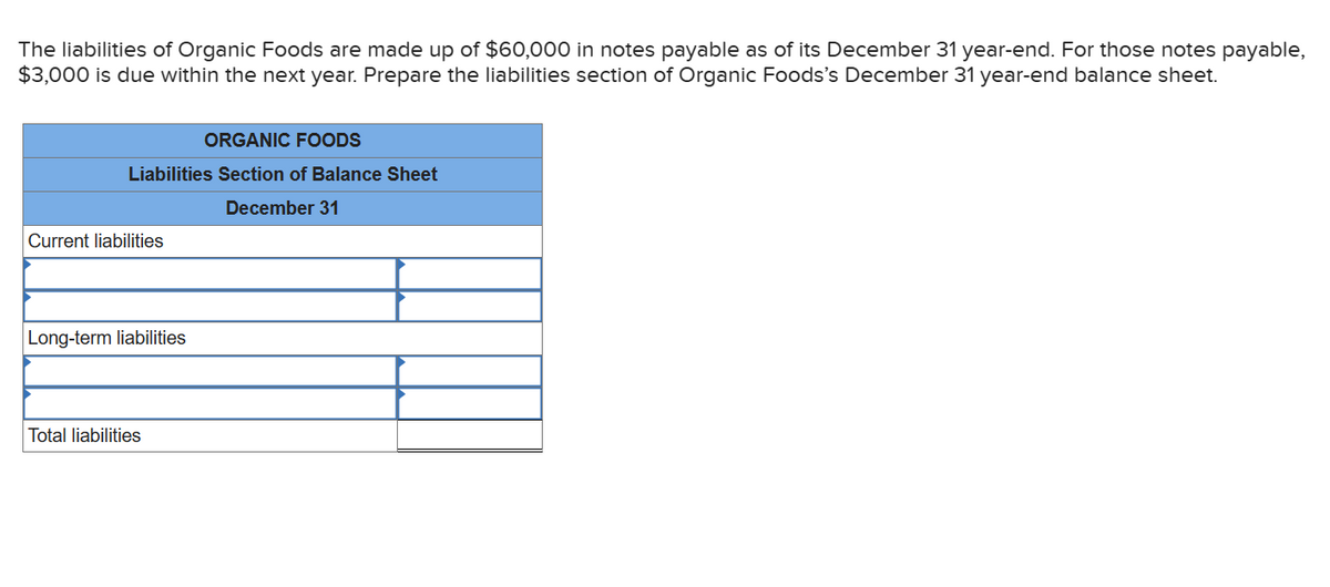 The liabilities of Organic Foods are made up of $60,000 in notes payable as of its December 31 year-end. For those notes payable,
$3,000 is due within the next year. Prepare the liabilities section of Organic Foods's December 31 year-end balance sheet.
ORGANIC FOODS
Liabilities Section of Balance Sheet
December 31
Current liabilities
Long-term liabilities
Total liabilities