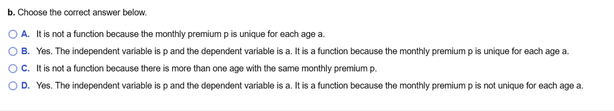 b. Choose the correct answer below.
O A. It is not a function because the monthly premium p is unique for each age a.
O B. Yes. The independent variable is p and the dependent variable is a. It is a function because the monthly premium p is unique for each age a.
O C. It is not a function because there is more than one age with the same monthly premium p.
O D. Yes. The independent variable is p and the dependent variable is a. It is a function because the monthly premium p is not unique for each age a.