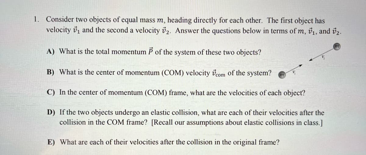 Consider two objects of equal mass m, heading directly for each other. The first object has
velocity v, and the second a velocity v2. Answer the questions below in terms of m, v1, and v2.
1.
A) What is the total momentum P of the system of these two objects?
B) What is the center of momentum (COM) velocity vcom of the system?
C) In the center of momentum (COM) frame, what are the velocities of each object?
D) If the two objects undergo an elastic collision, what are each of their velocities after the
collision in the COM frame? [Recall our assumptions about elastic collisions in class.]
E) What are each of their velocities after the collision in the original frame?
