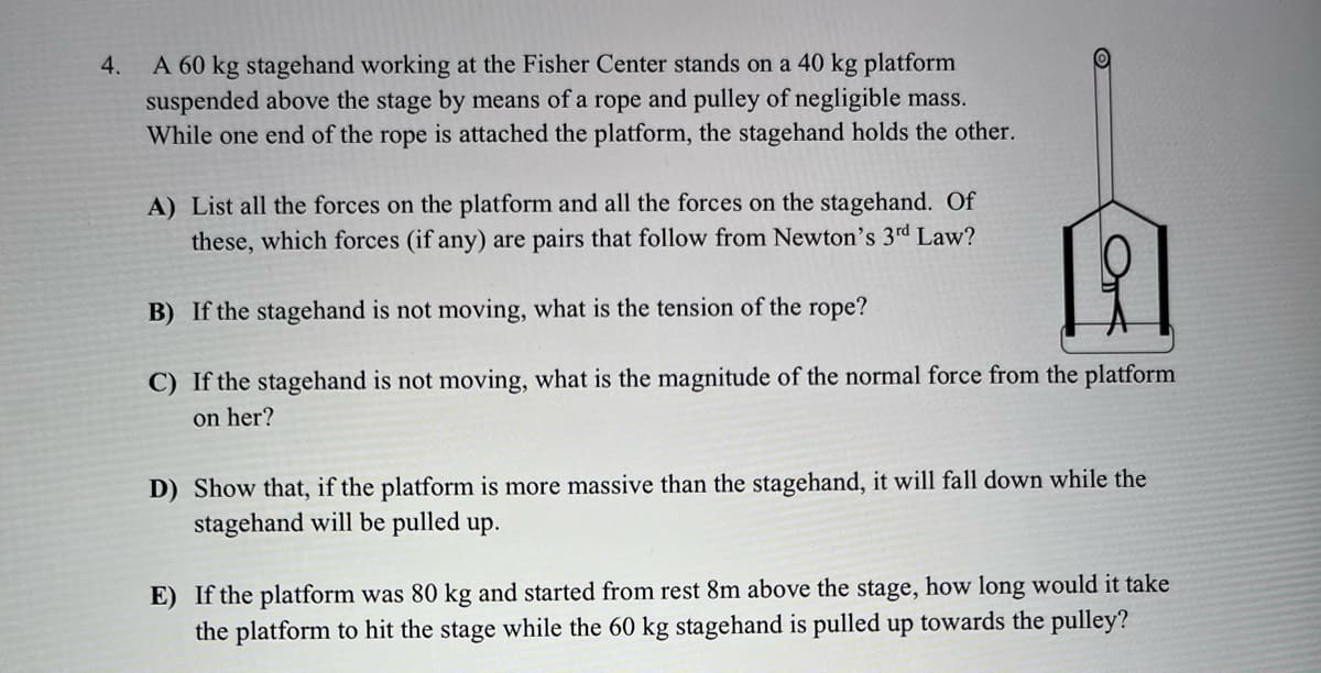 A 60 kg stagehand working at the Fisher Center stands on a 40 kg platform
suspended above the stage by means of a rope and pulley of negligible mass.
While one end of the rope is attached the platform, the stagehand holds the other.
4.
A) List all the forces on the platform and all the forces on the stagehand. Of
these, which forces (if any) are pairs that follow from Newton's 3rd Law?
B) If the stagehand is not moving, what is the tension of the rope?
C) If the stagehand is not moving, what is the magnitude of the normal force from the platform
on her?
D) Show that, if the platform is more massive than the stagehand, it will fall down while the
stagehand will be pulled up.
E) If the platform was 80 kg and started from rest 8m above the stage, how long would it take
the platform to hit the stage while the 60 kg stagehand is pulled up towards the pulley?
