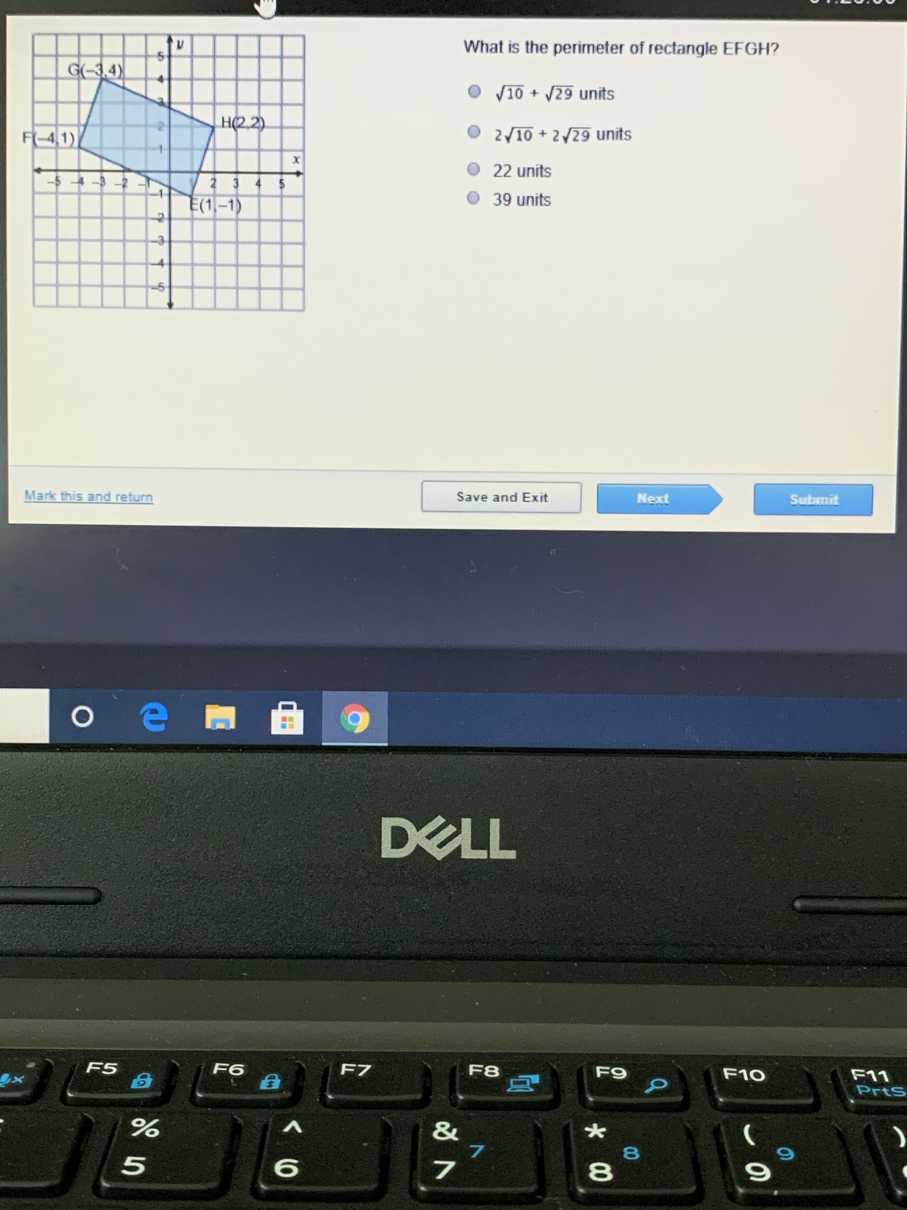 What is the perimeter of rectangle EFGH?
G(-3.4)
V10 + /29 units
H(2,2)
F4,1)
210 + 2/29 units
22 units
-54-3
2 3
39 units
E(1-1)
-5
4.
