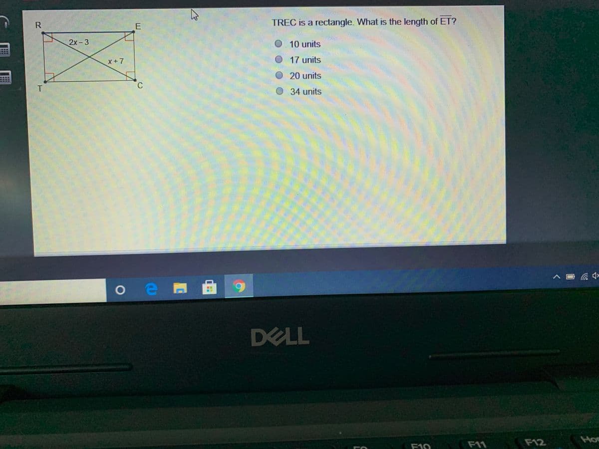 ---

### Understanding Rectangles and Diagonals in Geometry

#### Problem Statement:
Consider the rectangle TREC with diagonals. We are tasked with finding the length of ET.

#### Diagram:
There is a rectangle labeled TREC with diagonals TR and EC intersecting at point X. The diagonals are given expressions as follows:
- TR is labeled as \(2x - 3\).
- EC is labeled as \(x + 7\).

#### Question:
What is the length of ET?

#### Answer Choices:
1. 10 units
2. 17 units
3. 20 units
4. 34 units

#### Explanation:
To find the length of ET, which is half of the diagonal TR (since in rectangles, diagonals bisect each other), the following steps are involved:

1. **Equate the diagonals**:
   Since diagonals of a rectangle are equal: 
   \[
   2x - 3 = x + 7
   \]
2. **Solve for x**:
   \[
   2x - x = 7 + 3
   \]
   \[
   x = 10
   \]

3. **Substitute x back into the expressions**:
   \[
   TR = 2x - 3 = 2(10) - 3 = 20 - 3 = 17 \text{ units}
   \]

4. **Calculate ET**:
   Since diagonals of a rectangle are equal and each diagonal bisects into two equal parts:
   \[
   ET = \frac{TR}{2} = \frac{17}{2} = 8.5 \text{ units}
   \]

However, it seems there might be a mistake in the choices given. Please check the context of study materials for correct choices. The correct solution based on steps given should be 17 units as the length of TR, not ET.

---