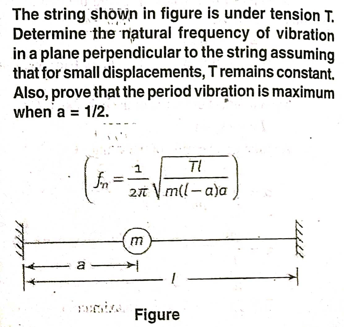 The string shown in figure is under tension T.
Determine the natural frequency of vibration
in a plane perpendicular to the string assuming
that for small displacements, T remains constant.
Also, prove that the period vibration is maximum
when a = 1/2.
TI
%3D
21 Vm(l-a)a
m
a
Figure
