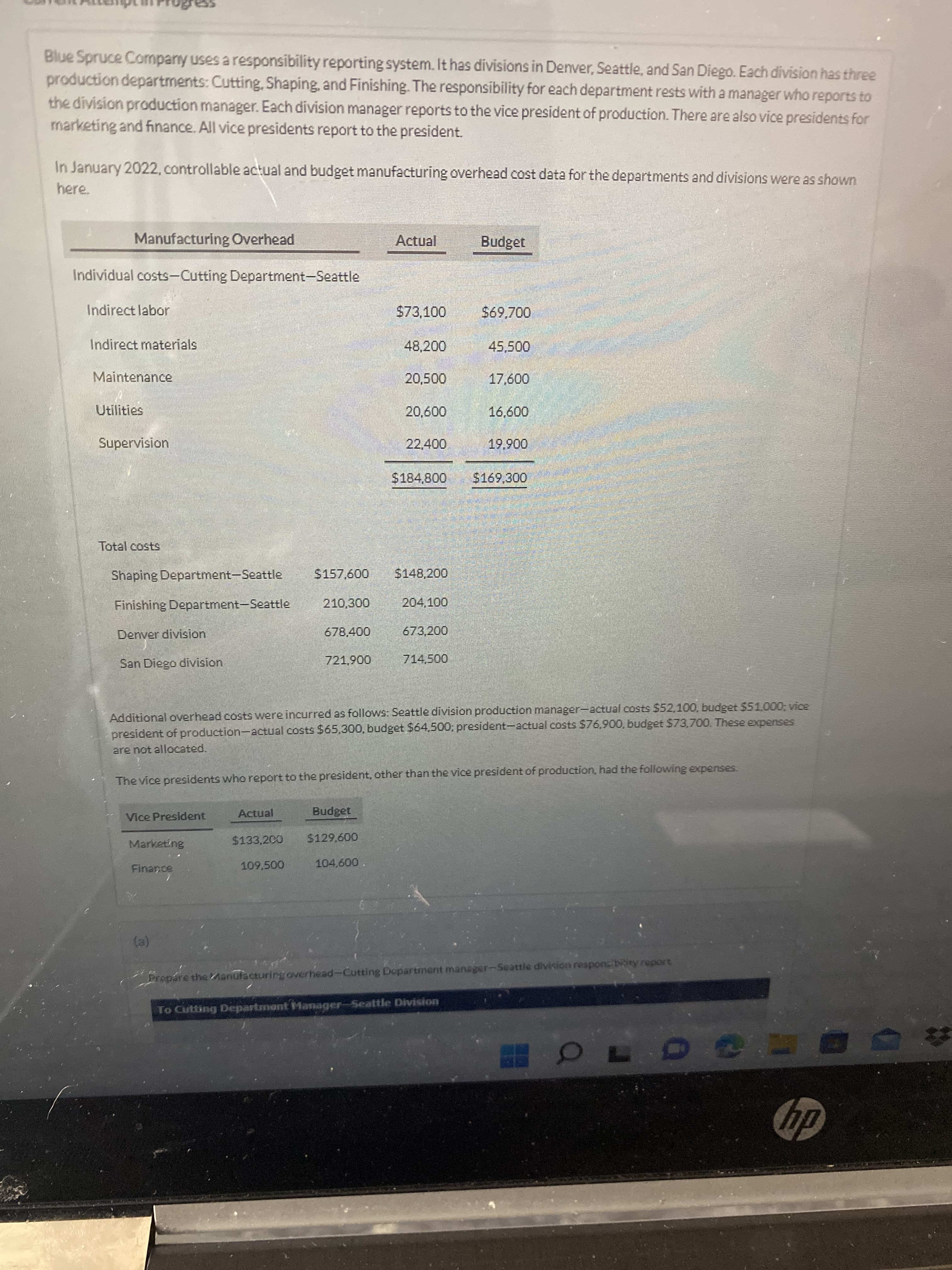 Blue Spruce Company uses a responsibility reporting system. It has divisions in Denver, Seattle, and San Diego. Each division has three
production departments: Cutting, Shaping, and Finishing. The responsibility for each department rests with a manager who reports to
the division production manager. Each division manager reports to the vice president of production. There are also vice presidents for
marketing and finance. All vice presidents report to the president.
In January 2022, controllable actual and budget manufacturing overhead cost data for the departments and divisions were as shown
here.
Manufacturing Overhead
Actual
Budget
Individual costs-Cutting Department-Seattle
Indirect labor
Indirect materials
48,200
45.500
Maintenance
20,500
0090
Utilities
009'07
009'9
Supervision
22,400
000
$184,800
$169,300
Total costs
Shaping Department-Seattle
$148,200
Finishing Department-Seattle
210,300
204,100
Denver division
678,400
673,200
714,500
San Diego division
0061
Additional overhead costs were incurred as follows: Seattle division production manager-actual costs $52,100, budget $51.000; vice
president of production-actual costs $65,300, budget $64,500; president-actual costs $76,900, budget $73,700. These expenses
are not allocated.
The vice presidents who report to the president, other than the vice president of production, had the following expenses.
Vice President
Actual
1a8png
Marketing
$133.200
009 6
Finance
009
(e)
Prepare the Manufacturing overhead-Cutting Dopartment manager-Seattle division responsibiiy report
To Cutting Department Manager-Seattle Division
