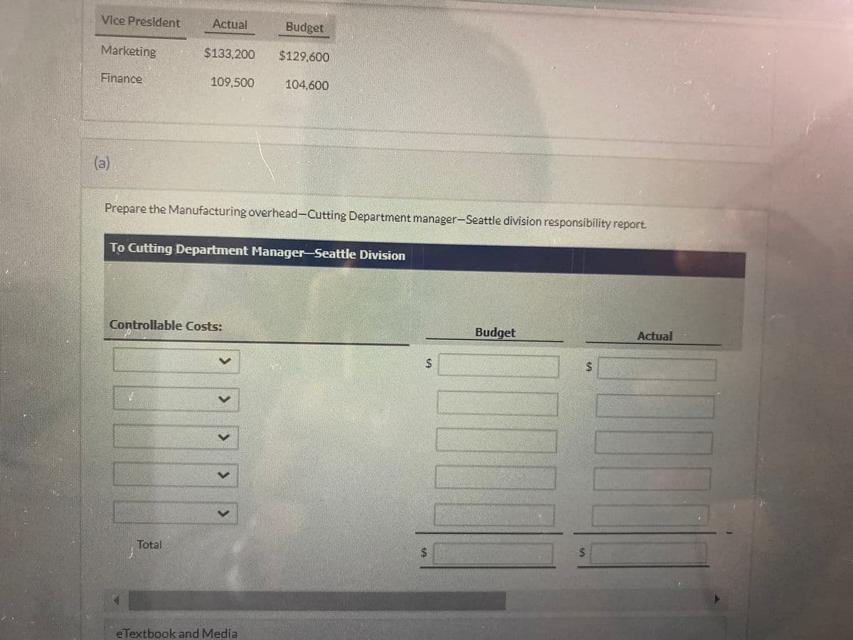 Vice President
Actual
Budget
Marketing
$133,200
$129,600
Finance
109,500
104,600
(a)
Prepare the Manufacturing overhead-Cutting Department manager-Seattle division responsibility report.
To Cutting Department Manager-Seattle Division
Controllable Costs:
Budget
Actual
Total
eTextbook and Media
%24
%24
%24
