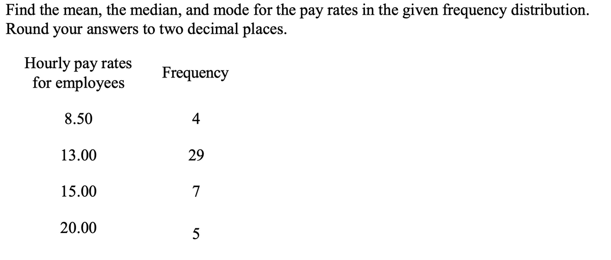 Find the mean, the median, and mode for the pay rates in the given frequency distribution.
Round your answers to two decimal places.
Hourly pay rates
for employees
Frequency
8.50
4
13.00
29
15.00
7
20.00
5
