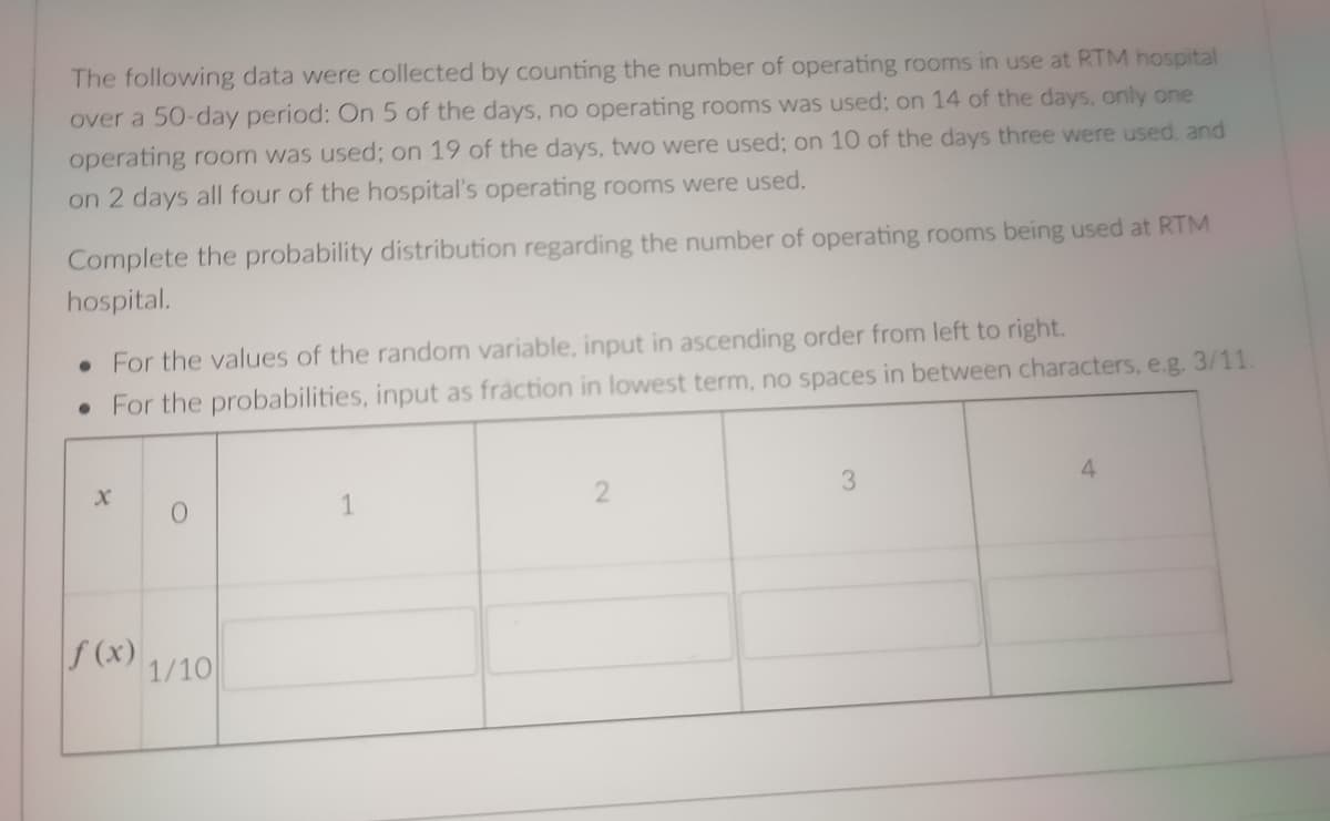 The following data were collected by counting the number of operating rooms in use at RTM hospital
over a 50-day period: On 5 of the days, no operating rooms was used; on 14 of the days, only one
operating room was used; on 19 of the days, two were used; on 10 of the days three were used, and
on 2 days all four of the hospital's operating rooms were used.
Complete the probability distribution regarding the number of operating rooms being used at RTM
hospital.
• For the values of the random variable, input in ascending order from left to right.
• For the probabilities, input as fraction in lowest term, no spaces in between characters, e.g. 3/11.
4
3.
\f(x) 1/10
