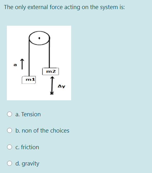 The only external force acting on the system is:
• 1
a
m2
m1
Ay
a. Tension
b. non of the choices
c. friction
O d. gravity
