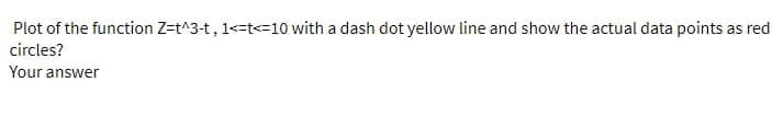 Plot of the function Z-t^3-t, 1<=t<=10 with a dash dot yellow line and show the actual data points as red
circles?
Your answer