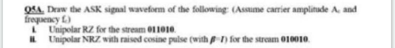 QSA. Draw the ASK signal waveform of the following: (Assume carrier amplitude A, and
frequency f.)
L Unipolar RZ for the stream 011010.
IL Unipolar NRZ with raised cosine pulse (with 1) for the stream 010010o.
