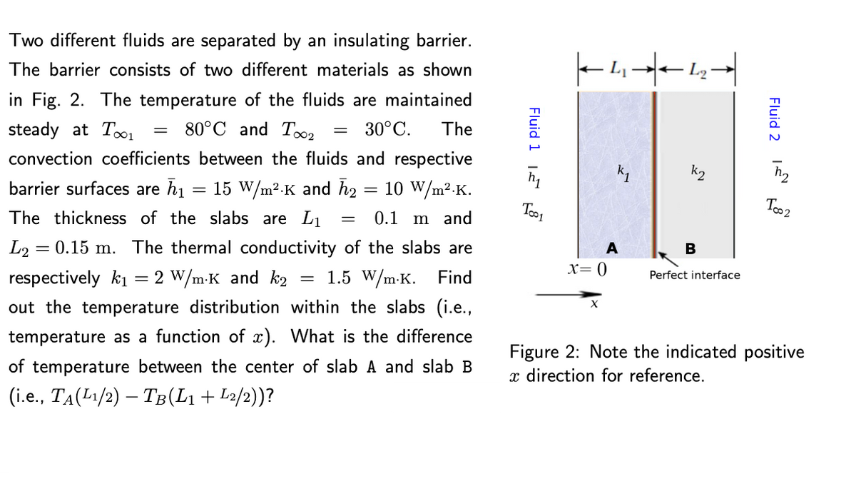 Two different fluids are separated by an insulating barrier.
The barrier consists of two different materials as shown
in Fig. 2. The temperature of the fluids are maintained
80°C and To02
steady at Too1
30°C.
The
convection coefficients between the fluids and respective
k2
barrier surfaces are hi
15 W/m2.K and h2 :
10 W/m².K.
Too2
The thickness of the slabs are L1
0.1 m and
L2 =
= 0.15 m. The thermal conductivity of the slabs are
A
B
X= 0
respectively k1 = 2 W/m-K and k2
out the temperature distribution within the slabs (i.e.,
= 1.5 W/m-K. Find
Perfect interface
temperature as a function of x). What is the difference
Figure 2: Note the indicated positive
x direction for reference.
of temperature between the center of slab A and slab B
(i.e., TA(L1/2) – TB(L1 + L2/2))?
Fluid 2
Fluid 1 I
