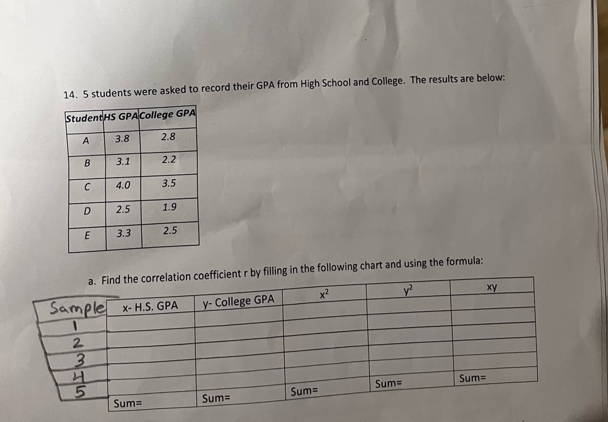 14. 5 students were asked to record their GPA from High School and College. The results are below:
Student HS GPA College GPA
A
B
C
D
2
E
3.8
3
3.1
4.0
2.5
3.3
2.8
2.2
Sum=
3.5
1.9
Sample x-H.S. GPA
1
2.5
a. Find the correlation coefficient r by filling in the following chart and using the formula:
y-College GPA
Sum=
Sum=
Sum=
Sum=
xy