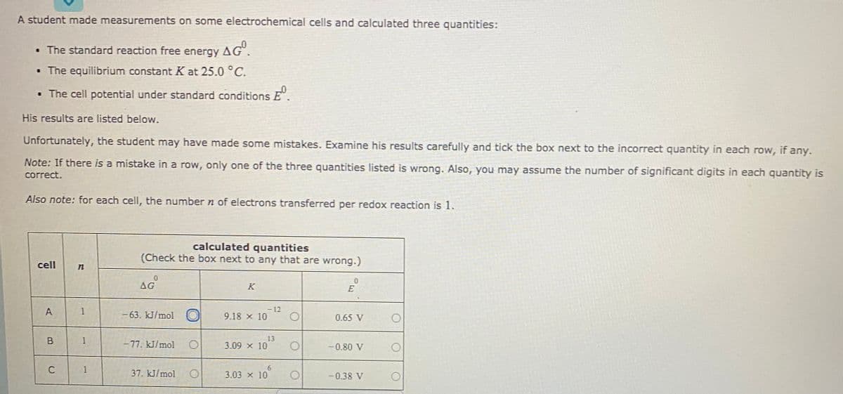 A student made measurements on some electrochemical cells and calculated three quantities:
• The standard reaction free energy AG.
• The equilibrium constant K at 25.0 °C.
• The cell potential under standard conditions E.
His results are listed below.
Unfortunately, the student may have made some mistakes. Examine his results carefully and tick the box next to the incorrect quantity in each row, if any.
Note: If there is a mistake in a row, only one of the three quantities listed is wrong. Also, you may assume the number of significant digits in each quantity is
correct.
Also note: for each cell, the number n of electrons transferred per redox reaction is 1.
calculated quantities
(Check the box next to any that are wrong.)
cell
AG
K
E
A
- 12
9.18 x 10
1
-63. kJ/mol O
0.65 V
13
3.09 x 10
1
-77. kJ/mol
-0.80 V
C
9.
3.03 x 10
1
37. kJ/mol
-0.38 V
B.
