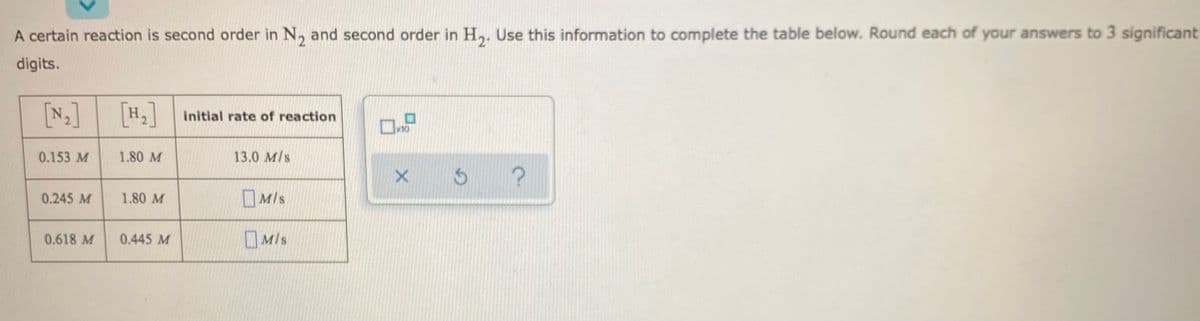 A certain reaction is second order in N, and second order in H,. Use this information to complete the table below. Round each of your answers to 3 significant
digits.
[N-]
initial rate of reaction
0.153 M
1.80 M
13.0 M/s
x 5 ?
0.245 M
1.80 M
O MIs
0.618 M
0.445 M
M/s
