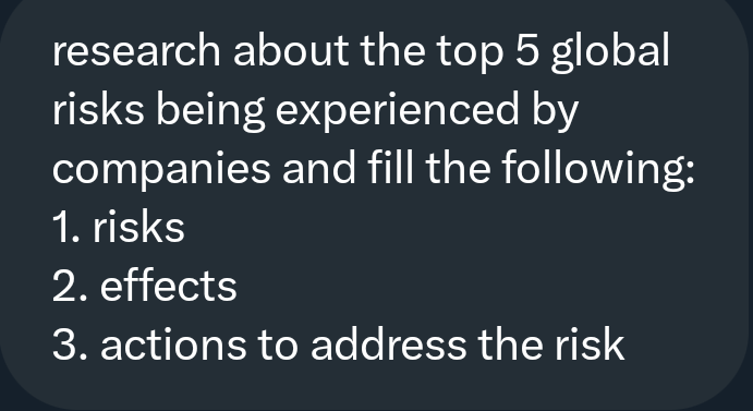 research about the top 5 global
risks being experienced by
companies
1. risks
and fill the following:
2. effects
3. actions to address the risk