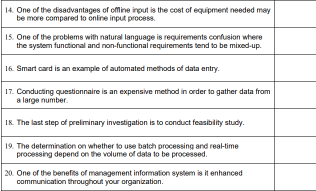 14. One of the disadvantages of offline input is the cost of equipment needed may
be more compared to online input process.
15. One of the problems with natural language is requirements confusion where
the system functional and non-functional requirements tend to be mixed-up.
16. Smart card is an example of automated methods of data entry.
17. Conducting questionnaire is an expensive method in order to gather data from
a large number.
18. The last step of preliminary investigation is to conduct feasibility study.
19. The determination on whether to use batch processing and real-time
processing depend on the volume of data to be processed.
20. One of the benefits of management information system is it enhanced
communication throughout your organization.
