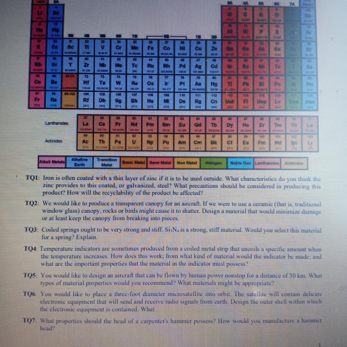 28
Sr
221
28
Fr
So
Lanthanides
HI
V
R
Co
Fou
Rh
Pd
A
Cd
Hg
T
RI
Db Sg
Bh
HE
Rg
Cn
FI Uup
Pr
Nd Pm Sm
Eu
Gd
Tb
Dy
Ho
Actinides
Th
Pa
Π
To
Po
7A
Yb
Np
Pu
Am
cm
BK
CI
Fm Md No
Uu
35
Alkali Metal
Sami Matal Man Metal Halogen
Noble Gas Lanthanides Actinides
TQI: Iron is often coated with a thin layer of zinc if it is to be used outside. What characteristics do you think the
zine provides to this coated, or galvanized, steel? What precautions should be considered in producing this
product? How will the recyclability of the product be affected?
TQ2: We would like to produce a transparent canopy for an aircraft. If we were to use a ceramic (that is, traditional
window glass) canopy, rocks or birds might cause it to shatter. Design a material that would minimize damage
or at least keep the canopy from breaking into pieces.
T03: Coiled springs ought to be very strong and stiff. Si N, is a strong, stiff material. Would you select this material
for a spring? Explain.
TQ4: Temperature indicators are sometimes produced from a coiled metal strip that uncoils a specific amount when
the temperature increases. How does this work; from what kind of material would the indicator be made; and
what are the important properties that the material in the indicator must possess?
TQ5: You would like to design an aircraft that can be flown by human power nonstop for a distance of 30 km. What
types of material properties would you recommend? What materials might be appropriate?
106: You would like to place a three-foot diameter microsatellite into orbit. The satellite will contain delicate
electronic equipment that will send and receive radio signals from earth. Design the outer shell within which
the electronic equipment is contained. What
107: What properties should the head of a carpenter's hammer possess? How would you manufacture a hammer
head?