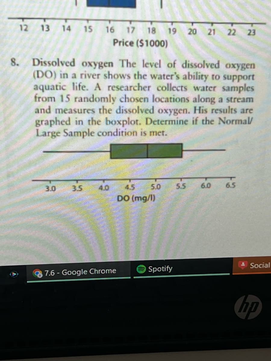 12 13 14 15 16 17
18
19 20 21 22 23
Price ($1000)
Dissolved oxygen The level of dissolved oxygen
(DO) in a river shows the water's ability to support
aquatic life. A researcher collects water samples
from 15 randomly chosen locations along a stream
and measures the dissolved oxygen. His results are
graphed in the boxplot. Determine if the Normal/
Large Sample condition is met.
8.
4.5
DO (mg/l)
3.0
3.5
4.0
5.0
5.5
6.0
6.5
Social
OSpotify
7.6- Google Chrome
hp
