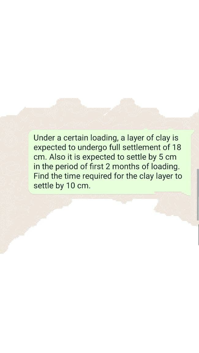 Under a certain loading, a layer of clay is
expected to undergo full settlement of 18
cm. Also it is expected to settle by 5 cm
in the period of first 2 months of loading.
Find the time required for the clay layer to
settle by 10 cm.