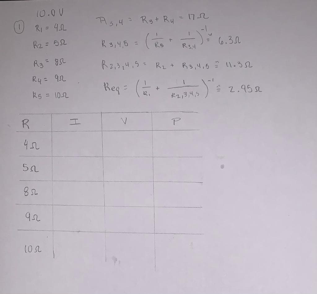 10.0 U
1752
(O RI = 4L
A3,4= Rgt Ry
%3D
Rz = 52
R 3,4,5 =
6.32
R34
%3D
R2,3,4,9= Rz +
R3,4,5 = 1.32
Ry= 92
Req =
(*
2 2.95
to
k5 = 102
R2,3,4,5
R
P
