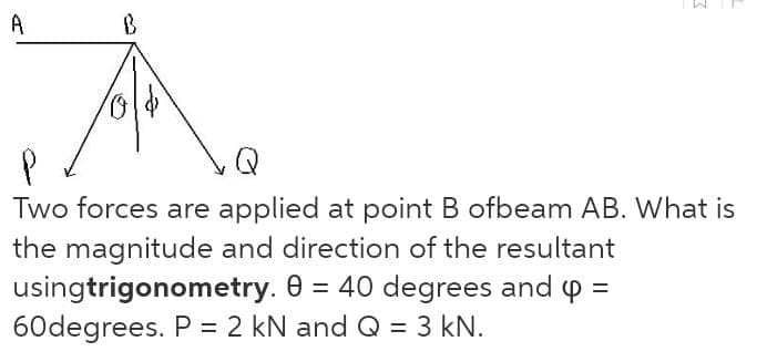 A
Two forces are applied at point B ofbeam AB. What is
the magnitude and direction of the resultant
usingtrigonometry. 0 = 40 degrees and p =
60degrees. P = 2 kN and Q = 3 kN.
%3D
%3D
