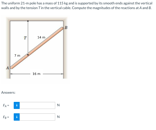 The uniform 21-m pole has a mass of 115 kg and is supported by its smooth ends against the vertical
walls and by the tension Tin the vertical cable. Compute the magnitudes of the reactions at A and B.
B
T
14 m
7 m
16 m
Answers:
FA=
N
FB
N
i
