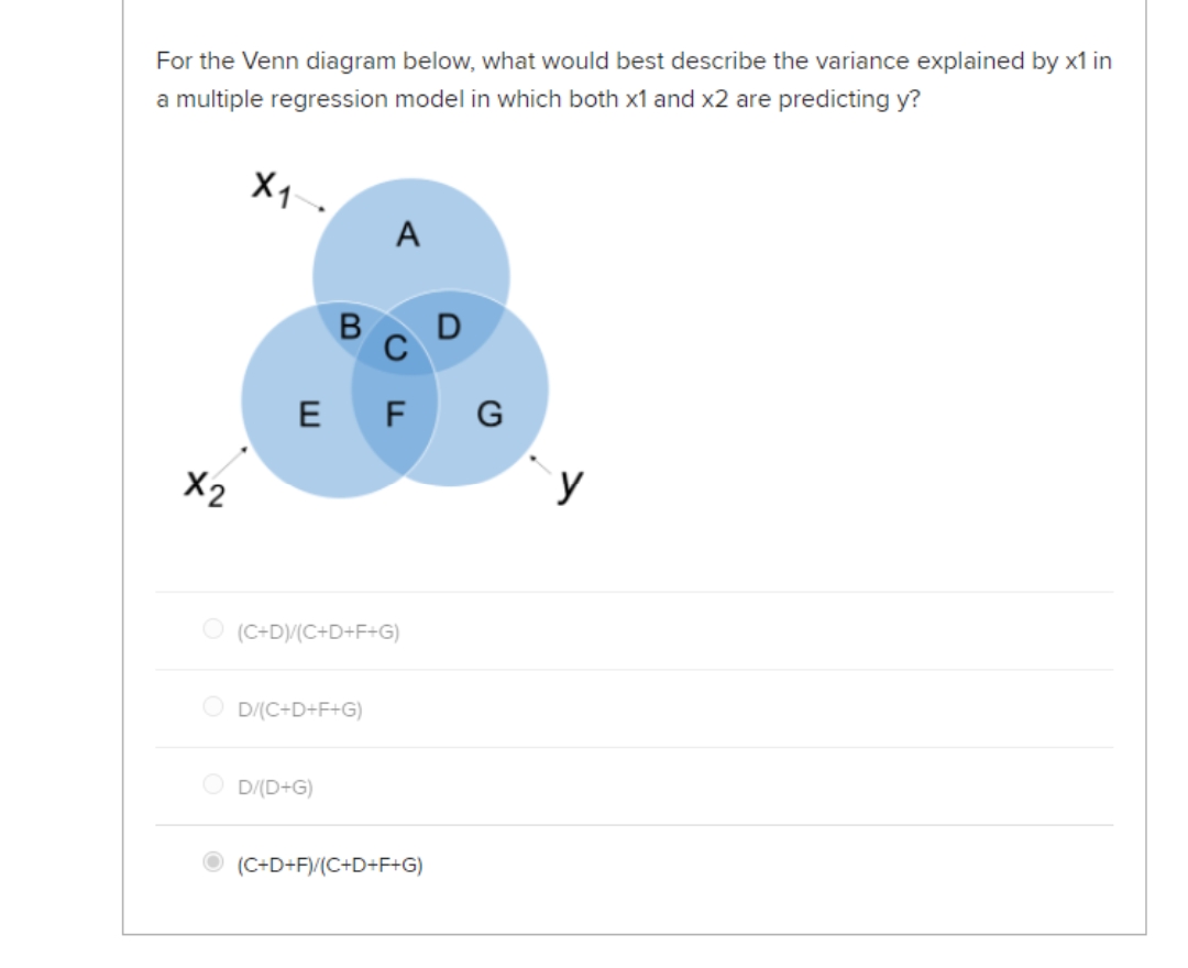 For the Venn diagram below, what would best describe the variance explained by x1 in
a multiple regression model in which both x1 and x2 are predicting y?
X1
A
D
E F G
X2
y
O (C+D)/(C+D+F+G)
D/(C+D+F+G)
O D/(D+G)
(C+D+F)/(C+D+F+G)
