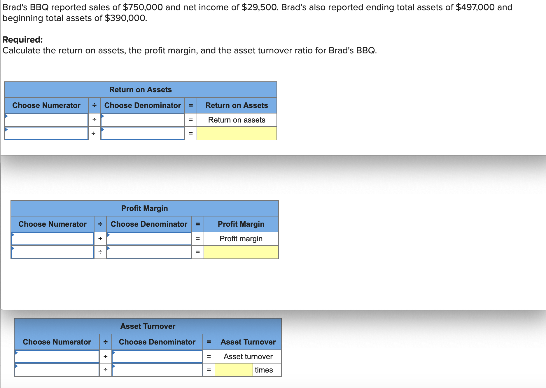 Brad's BBQ reported sales of $750,000 and net income of $29,500. Brad's also reported ending total assets of $497,000 and
beginning total assets of $390,000.
Required:
Calculate the return on assets, the profit margin, and the asset turnover ratio for Brad's BBQ.
Return on Assets
Choose Numerator
Choose Denominator
Return on Assets
%3D
Return on assets
Profit Margin
Choose Numerator
Choose Denominator
Profit Margin
Profit margin
%3D
Asset Turnover
Choose Numerator
Choose Denominator
Asset Turnover
Asset turnover
times
II
II
II
II
II
