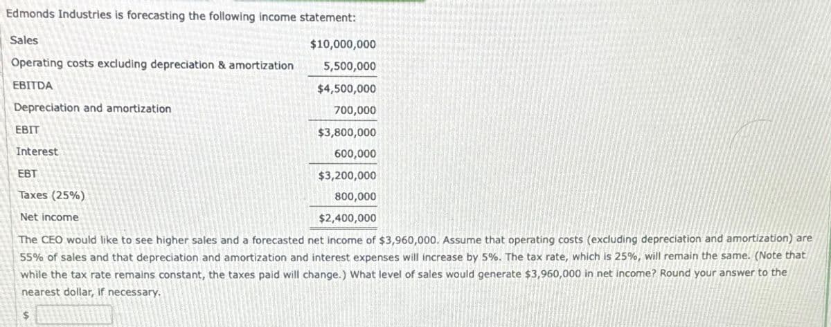 Edmonds Industries is forecasting the following income statement:
Sales
$10,000,000
5,500,000
$4,500,000
700,000
$3,800,000
600,000
EBT
$3,200,000
Taxes (25%)
800,000
$2,400,000
Net income
The CEO would like to see higher sales and a recasted net income of $3,960,000. Assume that operating costs (excluding epreciation and amortization) are
55% of sales and that depreciation and amortization and interest expenses will increase by 5%. The tax rate, which is 25%, will remain the same. (Note that
while the tax rate remains constant, the taxes paid will change.) What level of sales would generate $3,960,000 in net income? Round your answer to the
nearest dollar, if necessary.
Operating costs excluding depreciation & amortization
EBITDA
Depreciation and amortization
EBIT
Interest
$